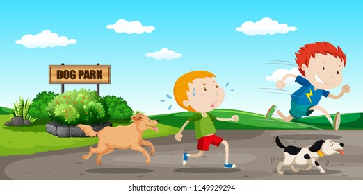 Boy Run Away From Dog Illustration