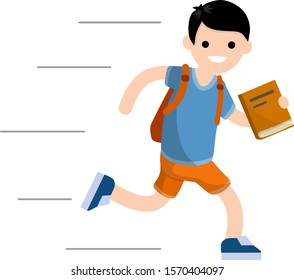 Boy run with book. Student goes to school. Student with backpack is late for school. Guy in summer clothes. Cartoon flat illustration. Happy child