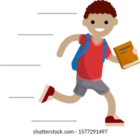 Boy run with book. Student goes to school. Student with backpack is late for school. Guy in summer clothes. Cartoon flat illustration. Happy child