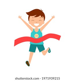 Boy run to finish. Winner vector illustration. Champion.