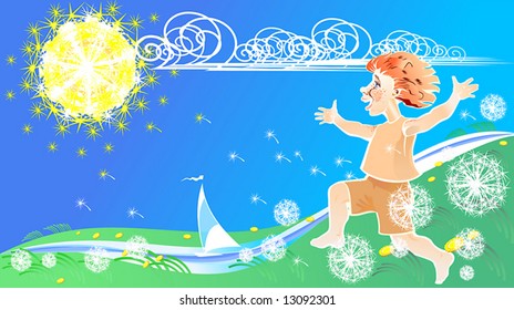 The Boy run on the green meadow between yellow colours and dandelions. Him is merrily. He runs for small toy boat which moves in creek. He overtakes the small ship-toy in creek.