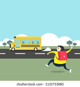 A Boy Running After A School Bus.