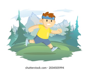 El chico corriendo contra el fondo del paisaje montañoso. Un estilo de vida saludable, deportes para niños, actividades al aire libre. Ilustración vectorial, aislada en blanco.