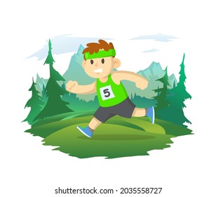The boy running against the background of the mountain landscape. A healthy lifestyle, children's sports, outdoor activities. Vector illustration, isolated on white.