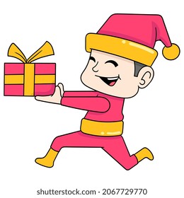 boy running around carrying a christmas present for his friend, vector illustration art. doodle icon image kawaii.