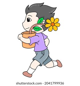 boy running around carrying sunflower pots to plant, vector illustration art. doodle icon image kawaii.