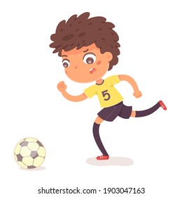 Boy running with ball at football practice. Happy little kid playing sport in uniform vector illustration. Smiling child runs with ball in front of foot on white background.