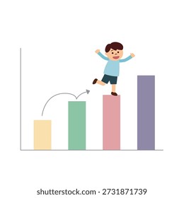 Boy running up a bar graph