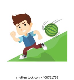 Boy running from big watermelon