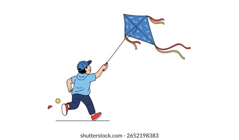 Boy running with blue diamond kite flying high in the bright sky on a sunny day