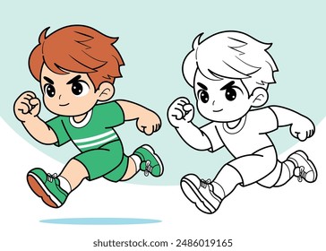 Niño corriendo personaje de dibujos animados estilo 2D y blanco y negro para colorear página