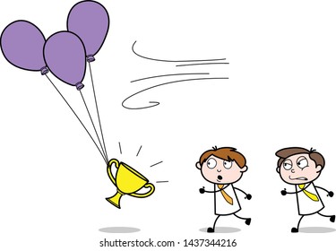 Boy Running to Catch the Trophy - Office Salesman Employee Cartoon Vector Illustration