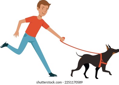 Boy running with dobermann. Cartoon kid with dog walking
