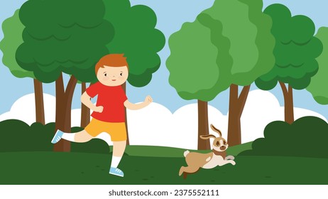 Boy running with dog in the park. Flat design vector illustration.