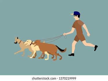 A boy running with dogs, flat vector illustration