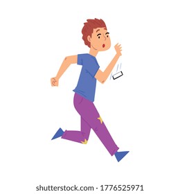 Boy Running and Dropping His Smartphone Cartoon Style Vector Illustration on White Background