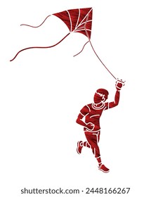 A Boy Running Fly a Kite Child Playing Cartoon Graphic Vector