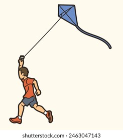 Un niño corriendo Vuela un niño de cometa jugando Vector gráfico deportivo de dibujos animados