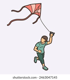 A Boy Running Fly a Kite Child Playing Cartoon Sport Graphic Vector