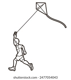A Boy Running Fly a Kite Child Playing Outline Cartoon Sport Graphic Vector