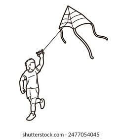 Un niño corriendo Vuela un niño de cometa Jugando Esquema de dibujos animados Deporte Gráfico Vector