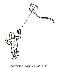 A Boy Running Fly a Kite Child Playing Outline Cartoon Sport Graphic Vector
