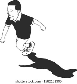 A boy running with him shadow on the ground.