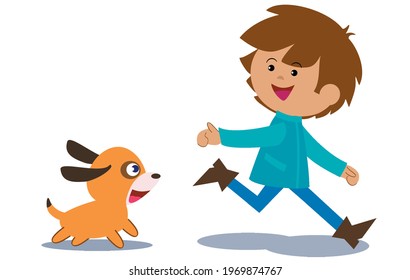 Boy running with his dog - Drawing of a boy wearing a blue coat and pants running with his caramel dog.
