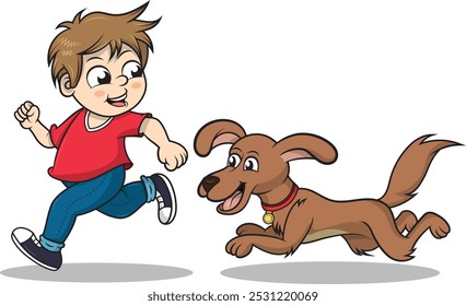 Boy running with his pet, cartoon style vector illustration.