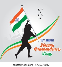 Boy running with Indian flag. Happy Independence Day.
