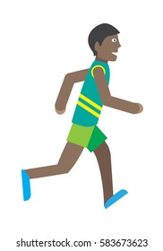 Boy running isolated on white. Male runner in green shorts and tshirt. Active man jogging sign symbol icon. Healthy way of life and sport concept. Young jogger athlete. Athletics competition. Vector