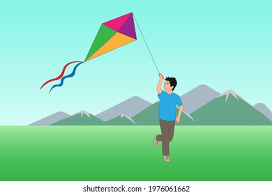 A boy running with a kite, in the background nature, mountains