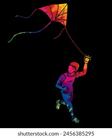 A Boy Running with a Kite Child Playing Cartoon Graphic Vector