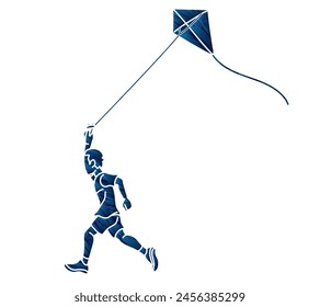 A Boy Running with a Kite Child Playing Cartoon Graphic Vector
