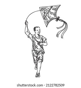 Boy running with kite. Sketch. Engraving style. Vector illustration.