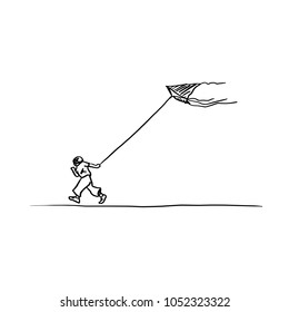 boy running with a kite vector illustration sketch hand drawn with black lines isolated on white background