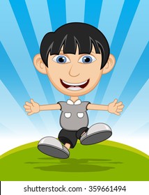 The boy running and laughing cartoon vector illustration