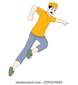 boy is running to the mosque happily to pray. vector design illustration art