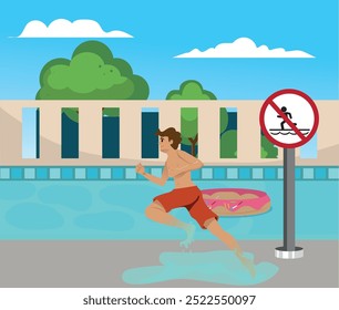 boy running on the edge of a swimming pool, child disobeying the order of a sign that prohibits running on the edge of the pool. vector illustration.