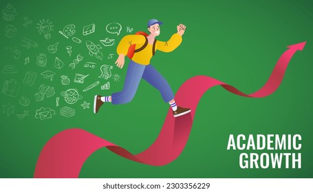 Boy running up on the graph. Student and graph up. male student in uniform. E-Learning Concept Art. education solution and future of children. Vector illustration.