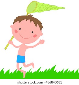 Boy running on the grass with net for butterflies