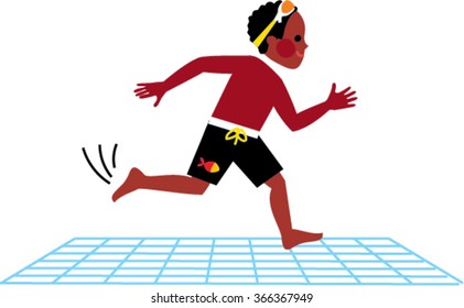 A boy running on a swimming pool aria floor. vector