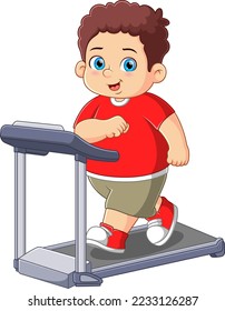 A boy running on a treadmill in gym of illustration