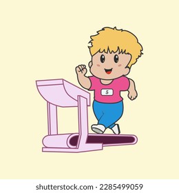 Boy running on a treadmill. Healthy sport content.