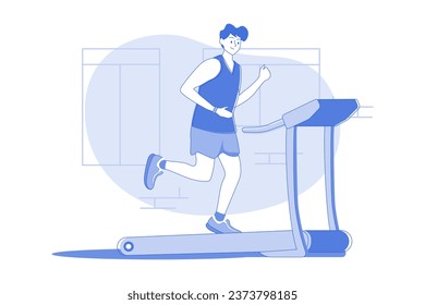 Niño corriendo sobre el concepto de Ilustración de Treadmill sobre fondo blanco