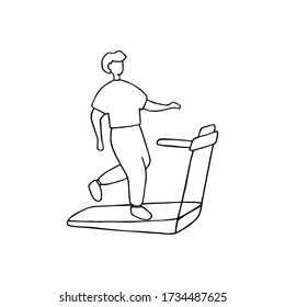 Boy running on treadmill. Sport training, workout concept. Doodle hand drawn vector graphic