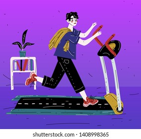 Boy running on treadmill. Young man exercising. Cardio training