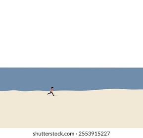 Boy running on the tropical beach. Leisure activity on holiday vacation. Modern minimal art design.