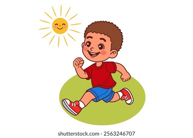 The boy is running outdoors. Vector illustration in cartoon style.