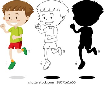 Boy running with its outline and silhouette illustration